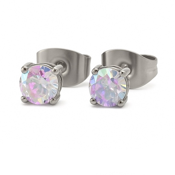 Iridescent Cubic Zirconia Stud Earrings | Stainless Steel  Hypoallergenic | 4mm - Picture 1 of 3